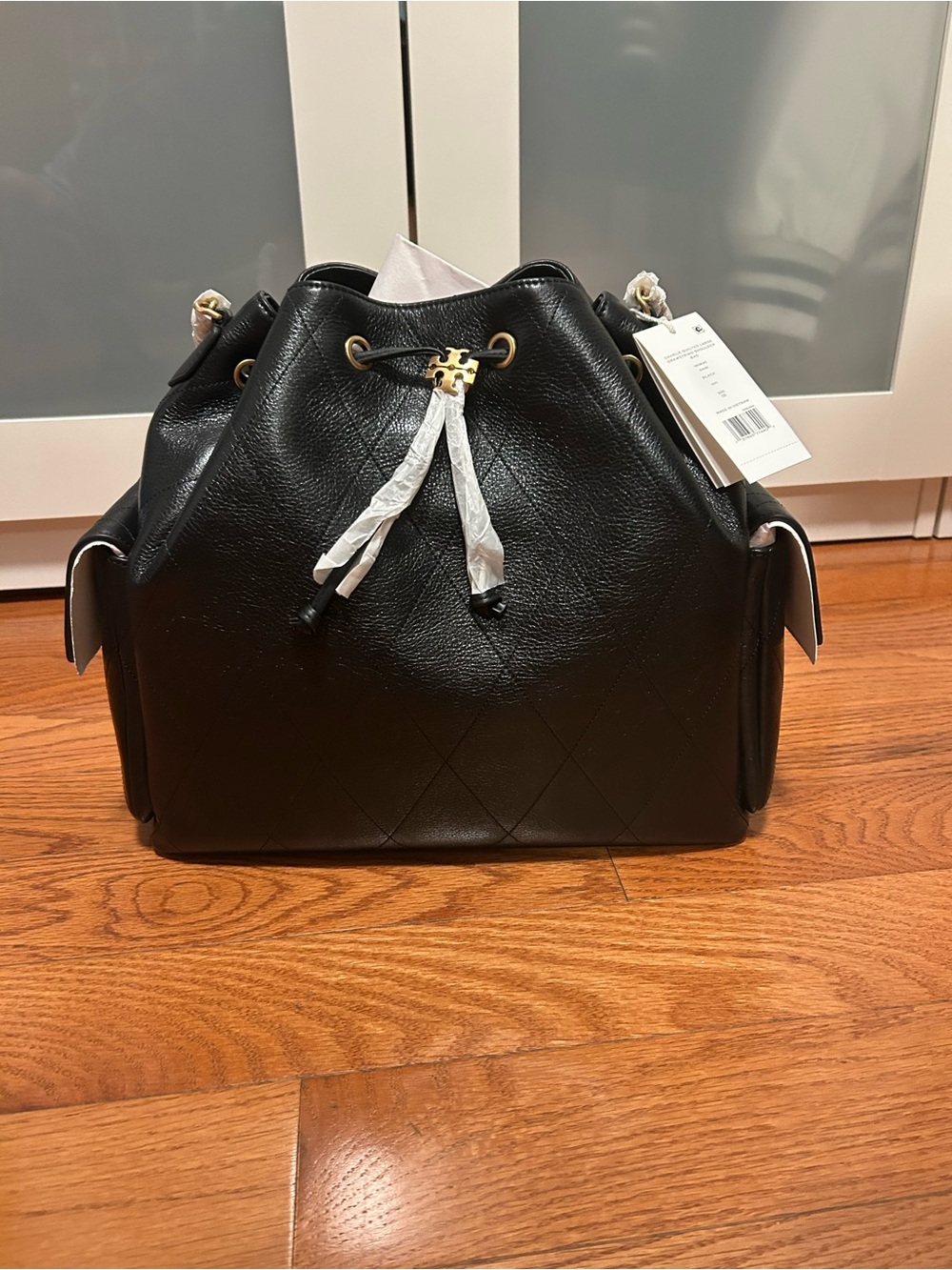 Tory Burch Charlie Large Black Leather Drawstring Shoulder Bag